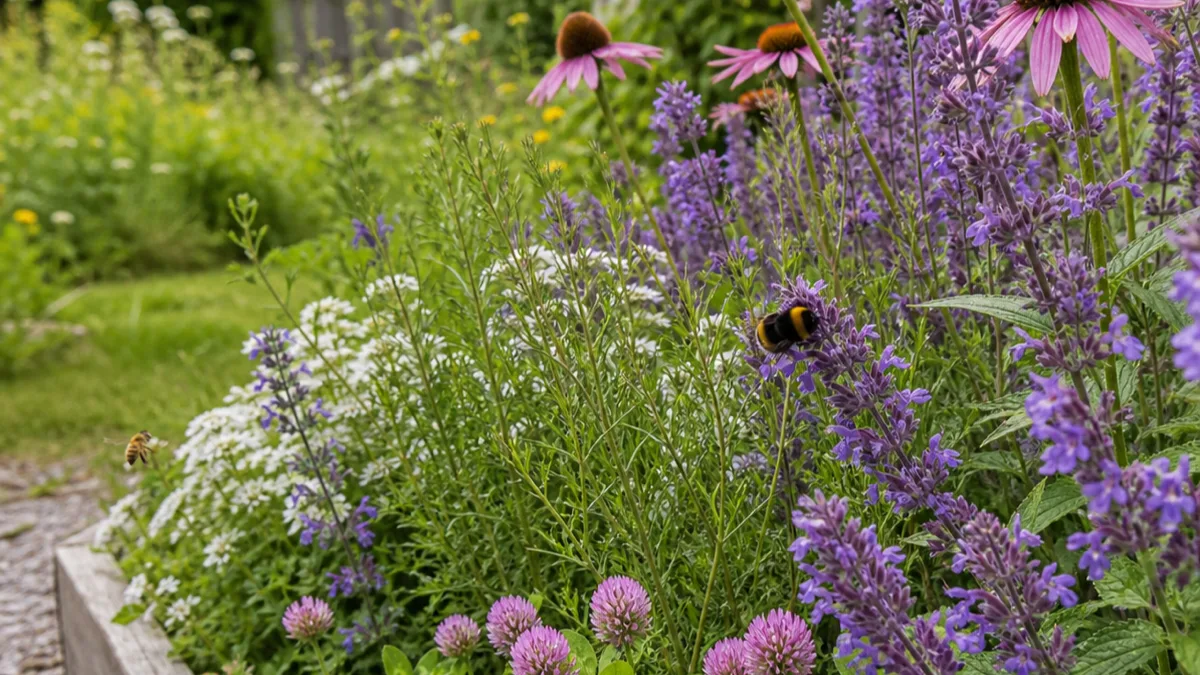 Pollinatörsvänlig rabatt med blommande perenner och humla