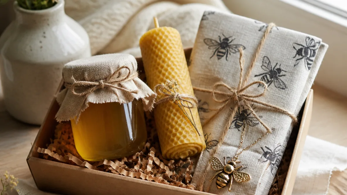 Presentset med honung, bivaxljus, textil och smycke med bimotiv