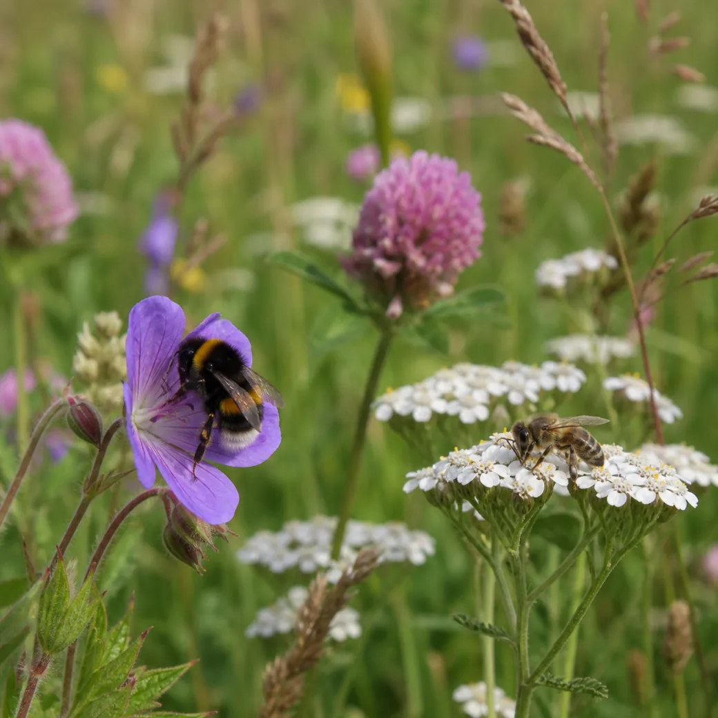 Humla och honungsbi på en blommande äng i sommarsol