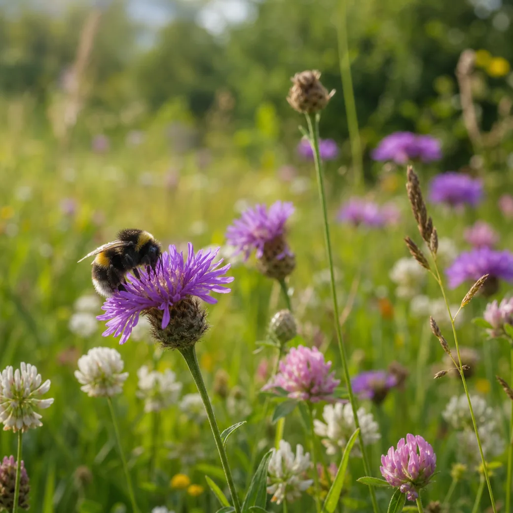 Humla på en blommande sommaräng i den svenska trädgården