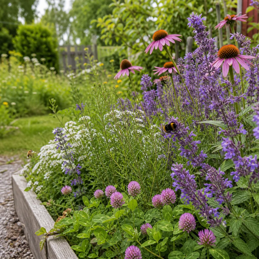 Humla och bin på en blommande rabatt med kantnepeta och solhatt i en pollinatörsvänlig trädgård